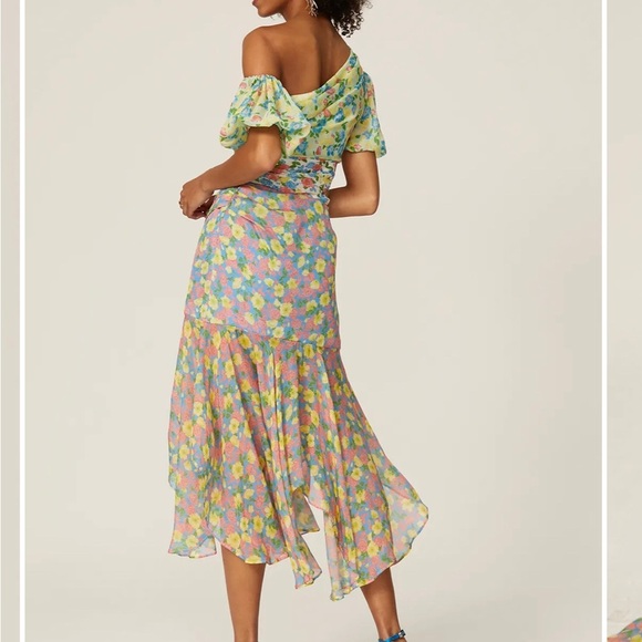 AMUR Pastel Floral Midi Dress. Jayla patchwork floral silk asymmetrical lined - Picture 3 of 13